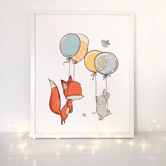 Fox and Bunny with Blue Balloons